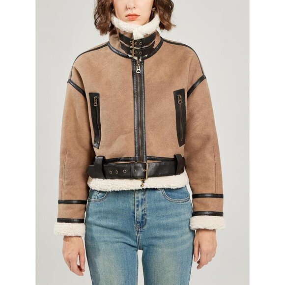 Women's Faux Lamb Fur Leather Short Jacket Lapel Zipper Bomber Coat Khaki - Picture 2 of 7